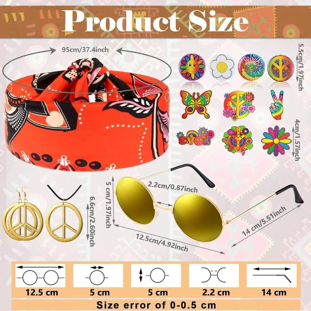 60s 70s Hippie Costume Set for Women Boho Retro Style Accessories Party